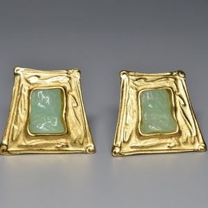 Vintage Givenchy 1980s Asymmetrical Green Stone Gold Plated Pierced Earring
